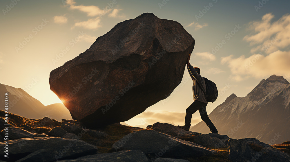 silhouette of a man carrying a heavy stone, boulder uphill. ai generative - obrazy, fototapety, plakaty 