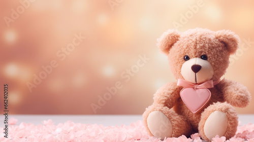 teddy bear with heart, pastel background. ai generative