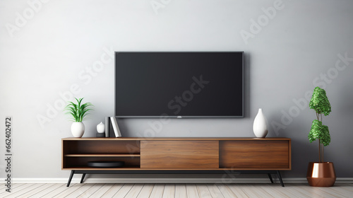 modern style tv stand on empty wall. ai generative © Oleksandr