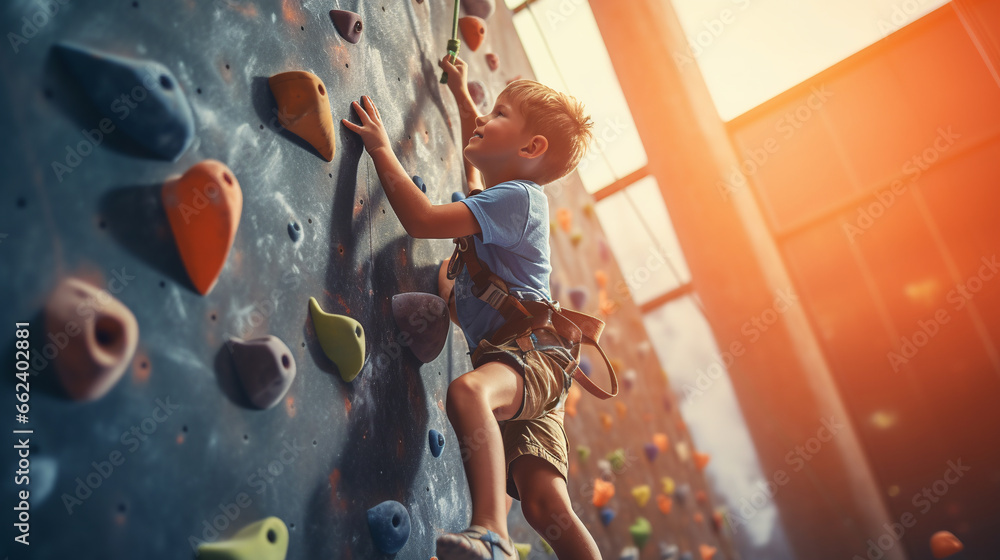 Little boy climbing on a climbing wall indoors. Healthy lifestyle concept. ai generative - obrazy, fototapety, plakaty 