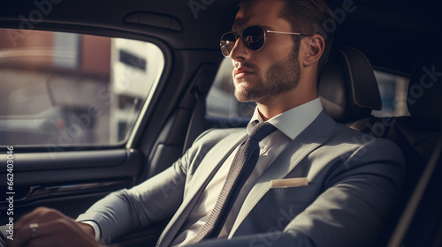 Handsome successful rich businessman in lux car commute to work. ai generative © Oleksandr