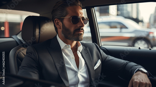 Handsome successful rich businessman in lux car commute to work. ai generative