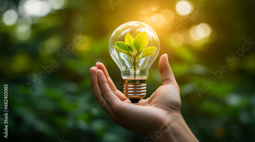Hand holding a light bulb on a nature background on a green leaf with energy sources, Sustainable development and responsible environment, Renewable energy sources, Ecology concept. ai generative