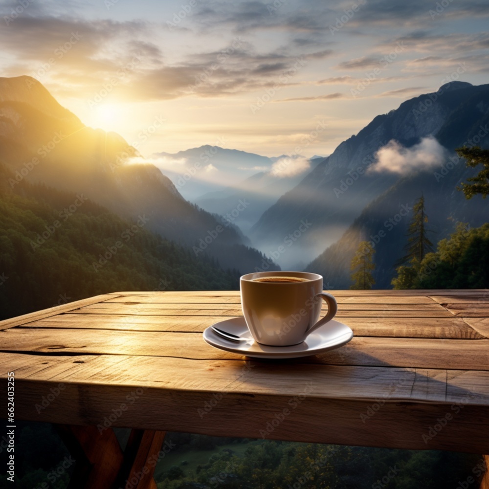 A steaming cup of morning coffee on a rustic wooden table, set against the backdrop of a sunrise over the mountains. This wide panoramic image was generated by AI. A steaming cup of morning coffee on a rustic wooden table, set against the backdrop of a sunrise over the mountains. This wide panoramic image was generated by AI.