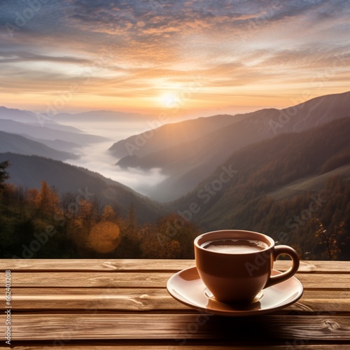 A steaming cup of morning coffee on a rustic wooden table, set against the backdrop of a sunrise over the mountains. This wide panoramic image was generated by AI.