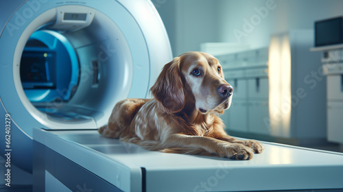 Dog lying on table before scanning in MRI equipment in veterinary clinic. ai generative photo