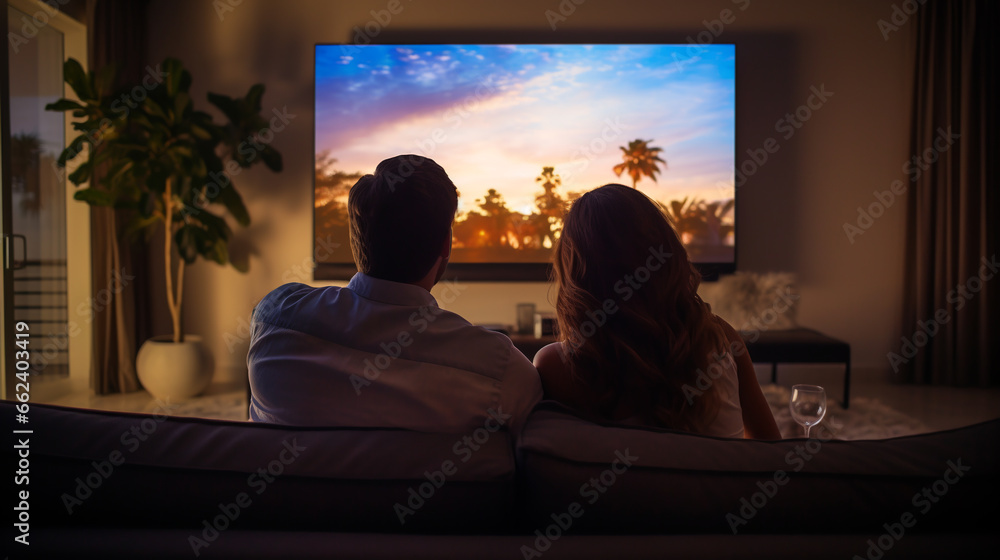 Couple watching tv at sofa. ai generative Couple watching tv at sofa. ai generative