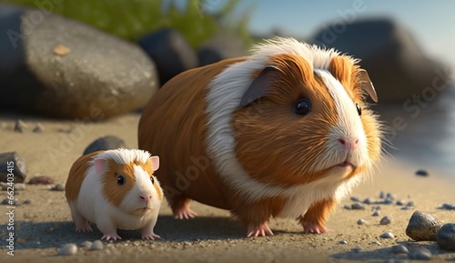 Abyssinian Guinea Pig walk with baby AI Generated image