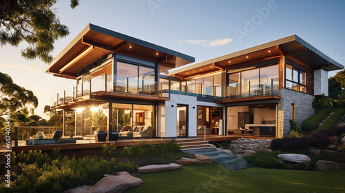 modern eco-friendly panel house with a veranda. ai generative © Oleksandr