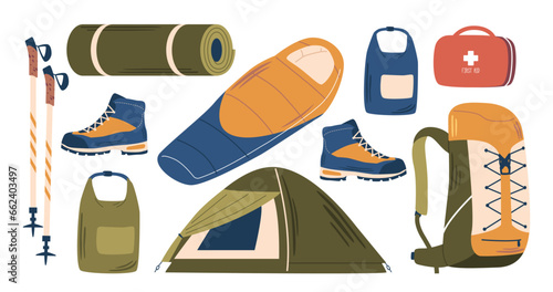 Alpinist Equipment Set. Tent, Sleeping Bag, Backpack, First Aid Kit, Mat, Sticks and And Specialized Boots