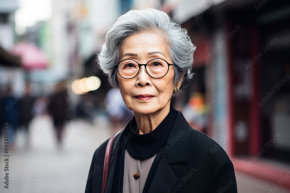 asian portrait of an elderly woman looking at the camera on the street, adult asian people. ai generative asian portrait of an elderly woman looking at the camera on the street, adult asian people. ai generative