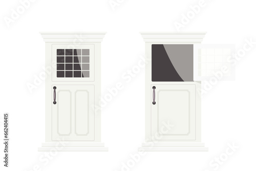 Cute white vintage doors with open and close window. Isolated on white background. Rural house concept. Cartoon flat style. Vector illustration