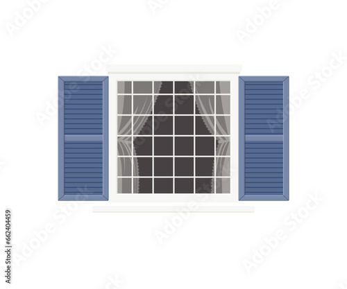 Cute white vintage window with blue shutters. Isolated on white background. Rural house concept. Cartoon flat style. Vector illustration