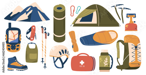 Alpinist Equipment Set, Essential Gear For Conquering Mountains. Ice Axes, Crampons, Ropes, Harnesses, Carabiners