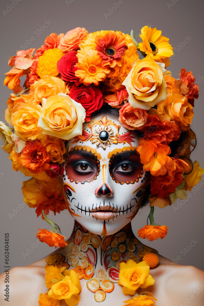 portrait of young woman with face paint for dia de los muertos or day of the dead 