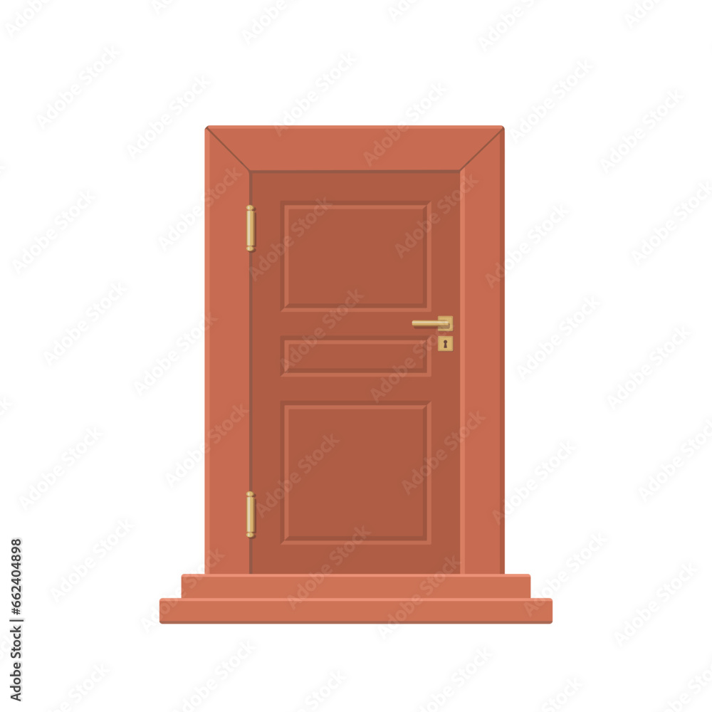 Realistic brown wooden door with copper handles and hinges. Isolated on white background. Exterior concept for house. Cartoon flat style. Vector illustration Realistic brown wooden door with copper handles and hinges. Isolated on white background. Exterior concept for house. Cartoon flat style. Vector illustration