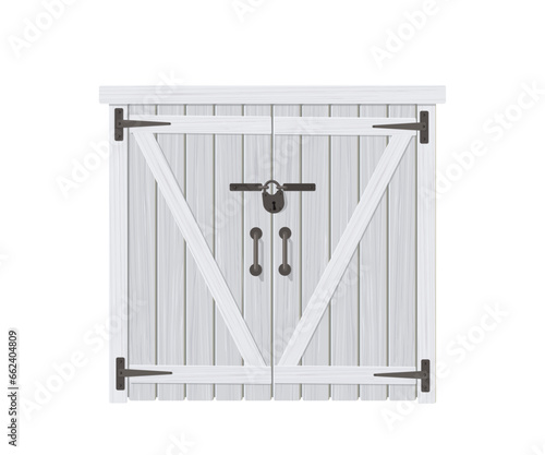 Vintage wooden painted double doors with wrought iron hardware. Isolated on white background. Rural house concept. Cartoon flat style. Vector illustration