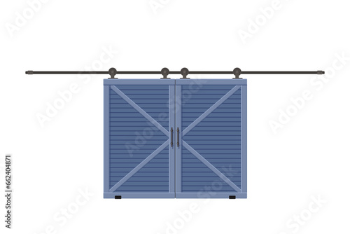 Rustic sliding double barn doors, isolated on white background. Rural house concept. Cartoon flat style. Vector illustration