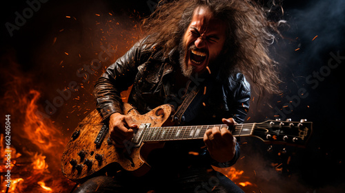 young musician playing electric guitar in the studio.