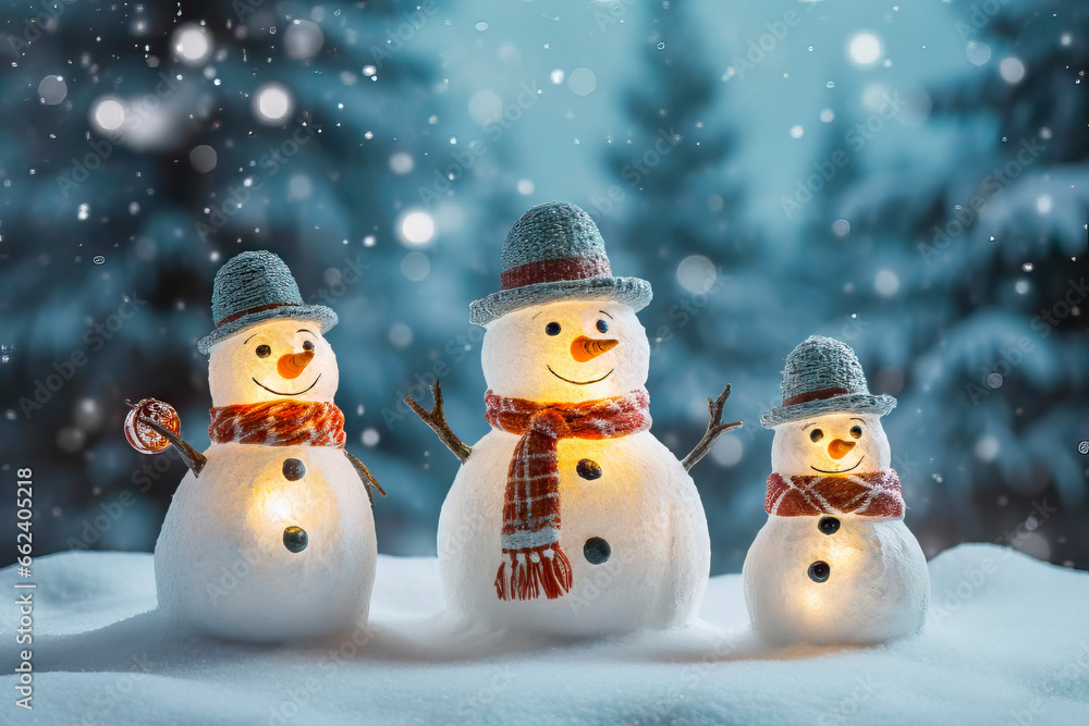 Obraz premium Holiday Greetings: The Snowman Family Spreads Joy. Greeting card or poster.