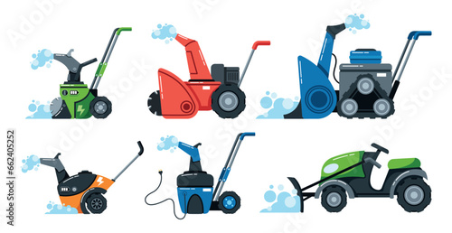 Set of Snow Plow Vehicles Equipped With Snowplows To Clear Roads, Driveways, And Sidewalks During Winter