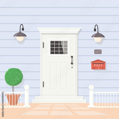 Cute white vintage door with window. Entrance to house with lanterns, plants and post box. Exterior concept for house entrances. Vector illustration. Cartoon flat style