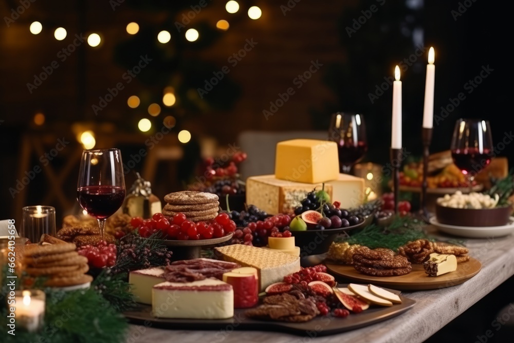 Bright New Year's decorated table with candles, glasses, champagne and food Bright New Year's decorated table with candles, glasses, champagne and food