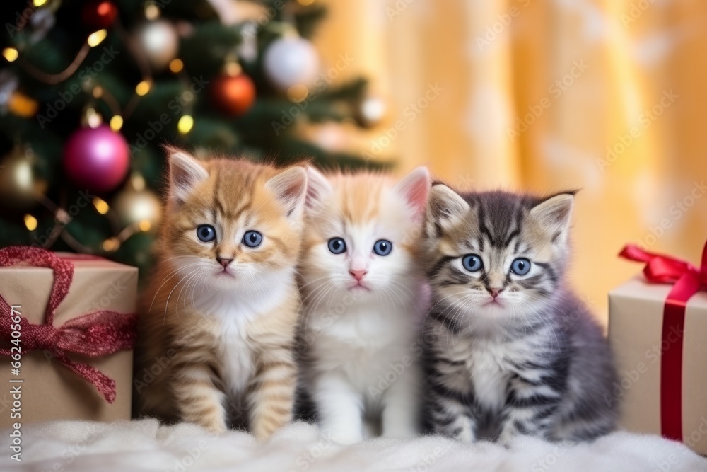 Beautiful fluffy kittens under the Christmas tree among the gifts, New Year kittens Beautiful fluffy kittens under the Christmas tree among the gifts, New Year kittens