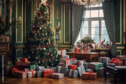 Decorated Christmas tree and gifts under it in the house by the fireplace