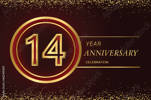 14th anniversary logo with gold double line style decorated with glitter and confetti Vector EPS 10