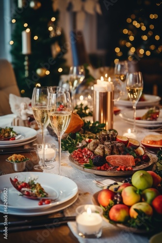 Bright New Year s decorated table with candles  glasses  champagne and food