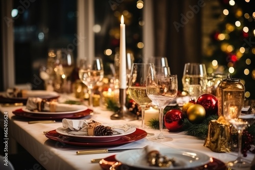 Bright New Year's decorated table with candles, glasses, champagne and food