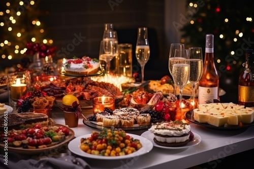 Bright New Year s decorated table with candles  glasses  champagne and food