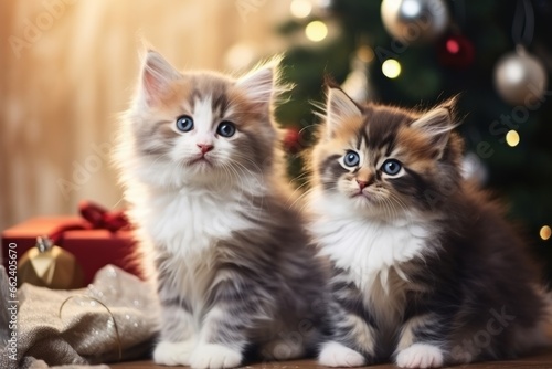 Beautiful fluffy kittens under the Christmas tree among the gifts, New Year kittens © Good AI