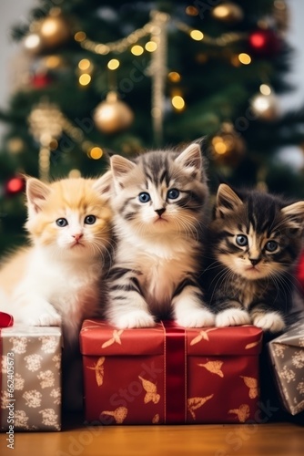 Beautiful fluffy kittens under the Christmas tree among the gifts, New Year kittens