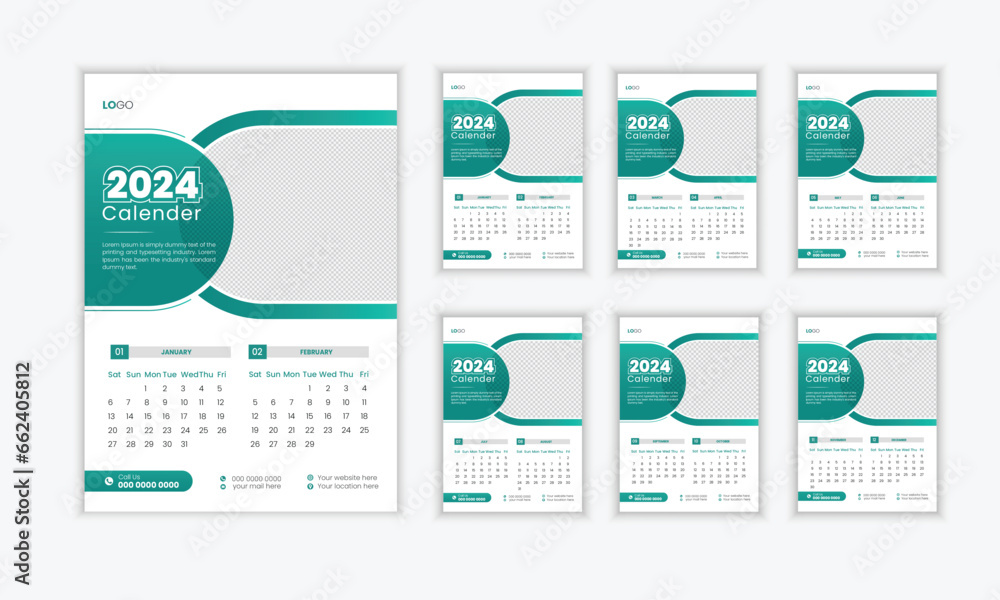 Corporate  wall calendar design template for 2024 year. Editable 12 months pages set.6 pages variation office & wall calendar design template.