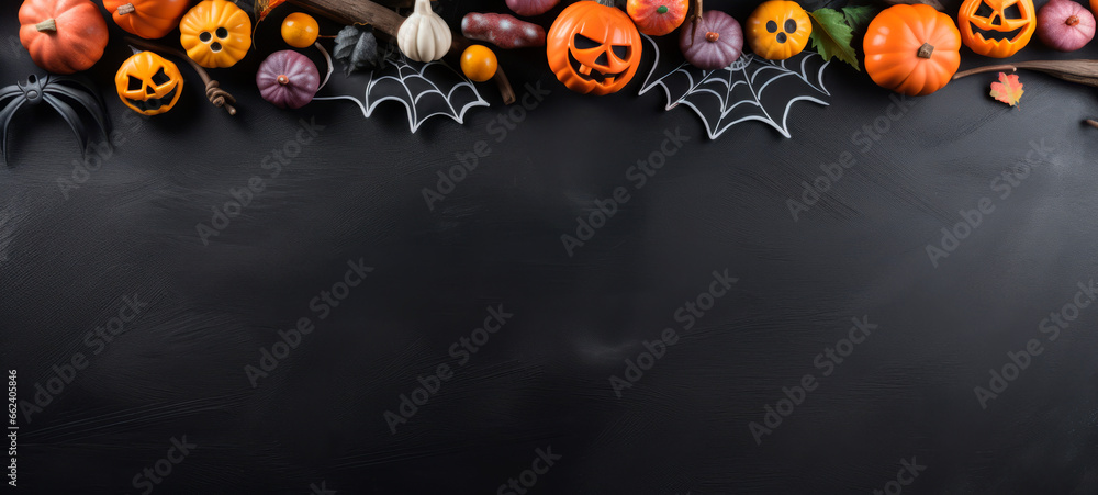 Halloween chalkboard with decorative traditional pumpkins, autumn vegetables, next to spiders and handmade webs on blackboard, copy space