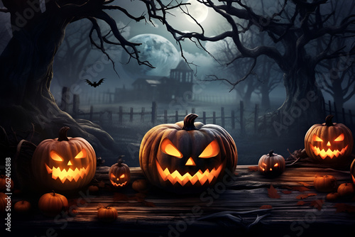 Halloween pumpkin head jack lantern with burning candles, Spooky Forest with a full moon and wooden table, Pumpkins In Graveyard In The Spooky Night - Halloween Backdrop