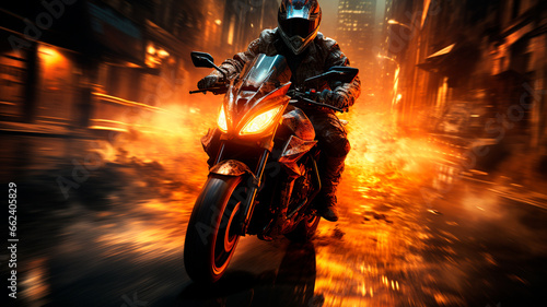 motorcycle rider in action on a motorcycle in the night light © ARAMYAN