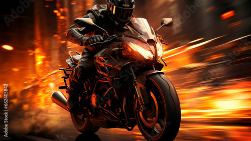 motorcycle rider in action on a motorcycle in the night light