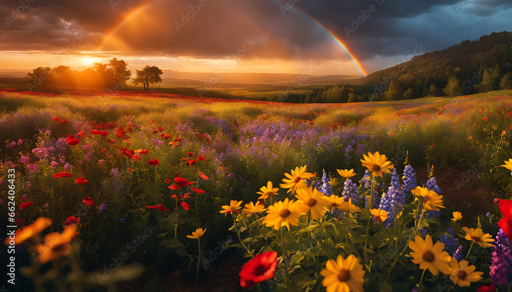 A field of wildflowers in full bloom, with a rainbow of colors stretching to the horizon.
