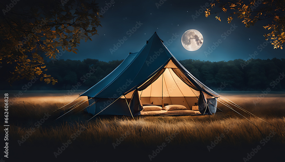 a tent in the middle of a field with a full moon in the background