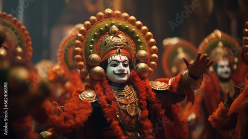Traditional Yakshagana artists enacting a lively scene from Indian mythology, their elaborate costumes adding authenticity to the performance. photo