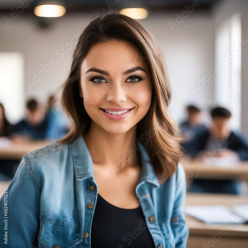 Retrato mujer profesora sonriendo en un aula dando clase con alumnos de fondo 
