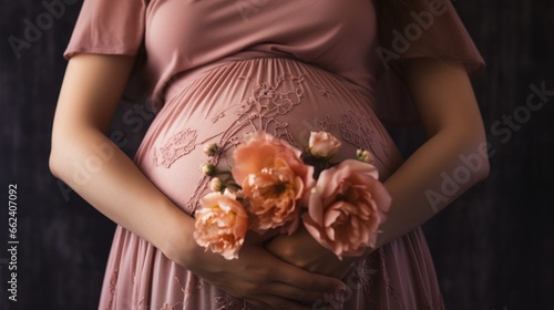 closeup show of pregnant woman, future mother hand with flower on belly, pregnancy concept,