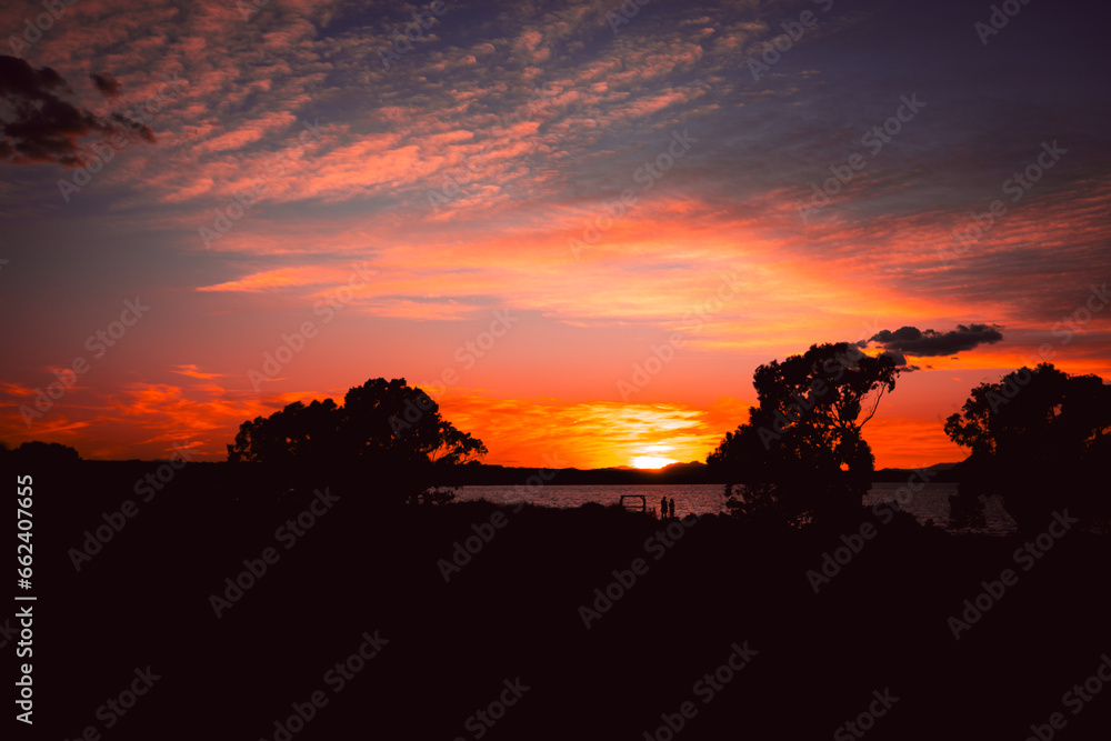  beautiful sunset against the backdrop of trees and a lake. Beautiful photo of nature at sunset