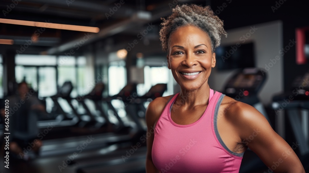 Smiling mature Black woman in a gym, posing and making eye contact with the camera