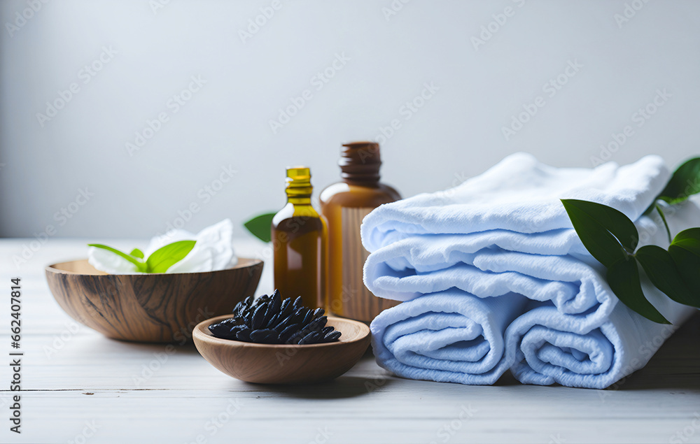 Spa composition with towels, aromatic oil, foliage on a table. Spa composition with towels, aromatic oil, foliage on a table.