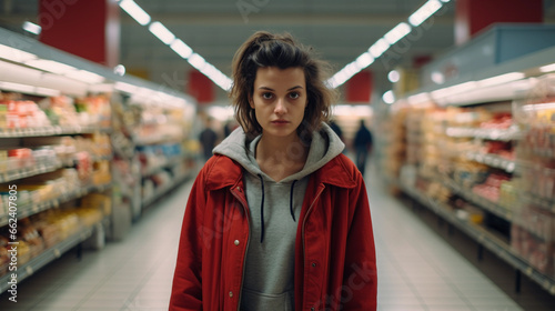 Young adult french woman shopping in a supermarket for groceries, looking at camera without having any idea what to choose