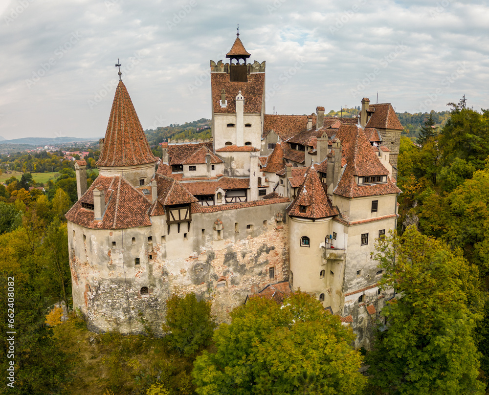 Aerial drone view of Bran Castle, Romania. Place of Dracula in Transylvania, Carpathian Mountains, romanian famous destination in Eastern Europe. 